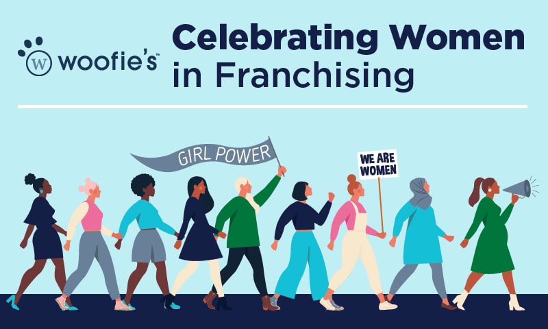 Woofies celebrating with woman franchising a pet grooming services logo